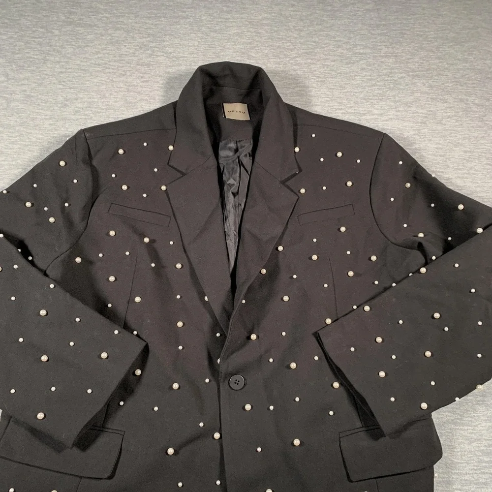 ORTTU Blazer Mens One Size Black Pearl Studded‎ Embellished Single Button Beaded